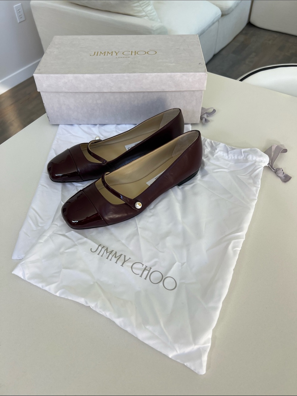 Jimmy Choo elisa flats pearl garnet burgundy leather and patent cap toe size 36